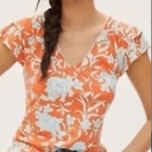 ANTHROPOLOGIE Maeve Orang, Blu and Cream Floral Flutter Sleeve Top XL